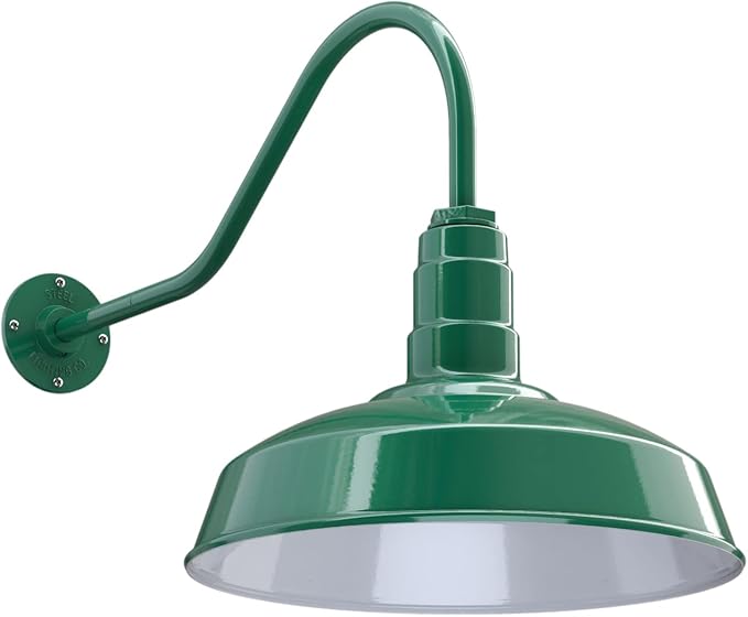 Steel Lighting Co. | Dusk to Dawn | Gardena Barn Light | Outdoor Wall Mounted | 16" Dome | 23" Gooseneck | Farmhouse Light Made in America | Green Exterior/White Interior