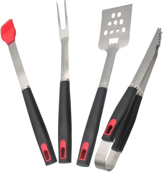 Stainless Stell BBQ Accessories Tool Set with Serrated Edged Spatula?갌ork Brush and Tongs Backyard Outdoor Cooking and Teppanyaki Barbecue Tools Accessories 4-Piece Home Barbecue Set