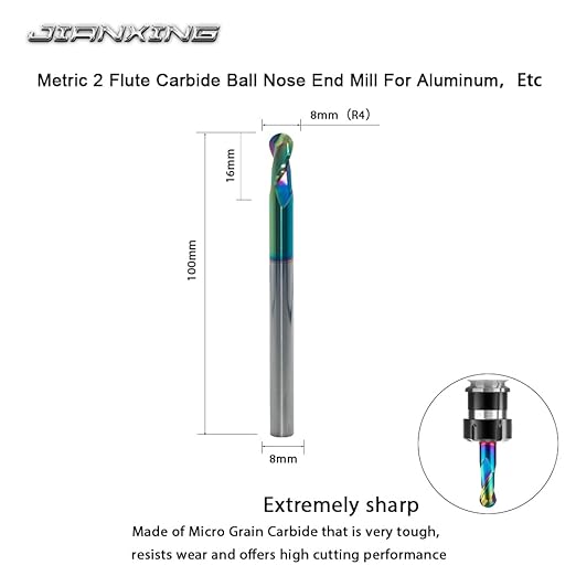 8mm R4 Extra Long DLC Coated 2-Flute Carbide Ball Nose End Mill, 100mm OAL, Ideal for Aluminum, Copper Alloys & Plastic Machining?밐igh Precision & Wear-Resistant Cutting Tool (1 Pack)