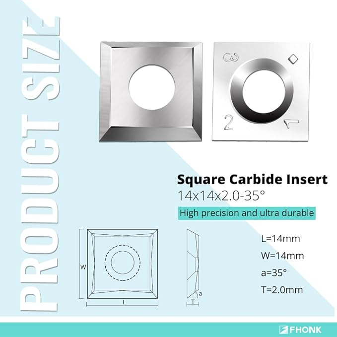 14mm Square Straight Carbide Cutters, for Woodturning Replacement Cutter Knives, Fits Spiral, Helical Planer Cutter, Wood Lathe Turning Tool, 10-Piece (14x14x2.0-35째)
