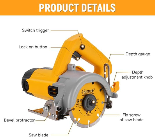 Hoteche 4-3/8-Inch Dry/Wet Masonry&Tile Saw 1300W Electric Cutter for Stone, Ceramic and Marble Cutting(Tool Only)