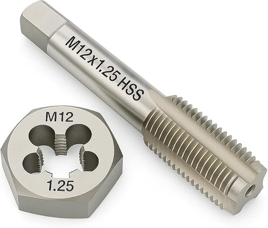 M12 x 1.25 Metric Tap and Die Set HSS Machine Tap and GCr15 Alloy Steel Hex Die Right Hand Thread Cutting Tool for Metal Repair