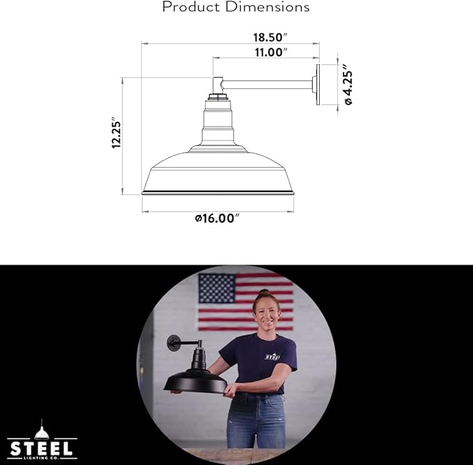 Steel Lighting Co. | Dusk to Dawn | Gardena Barn Light | Outdoor Wall Mounted | 16" Dome | 11" Straight Arm | Farmhouse Light Made in America | Black Exterior/White Interior