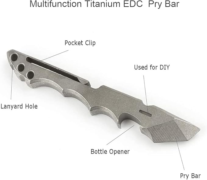 Titanium Pry Bar, Outdoor Multi-functional Pry Bar EDC Tools,Mini Pry Bar with Crowbar, Bottle Opener, Pocket Clip and Lanyard Hole/Grey