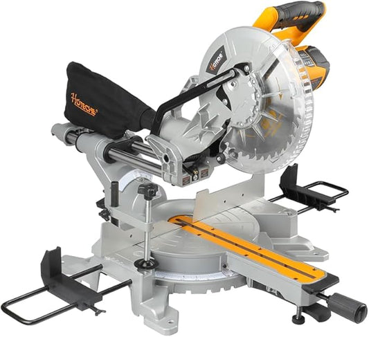 Hoteche 10-Inch Miter Saw 15A Sliding Compound Single Bevel Chop Saw with Laser Guide and TCT Saw Blade for Wood and Metal Working