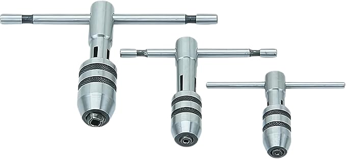 3 Piece T Handle Tap Wrench Set with Jaw Opening 1/16"-5/32", 5/32"-1/4", 1/4"-1/2" - Precise Tightening Wrenches Jaws Grip for Taps, Reamers, Screw Extractors, Drills - Made in India