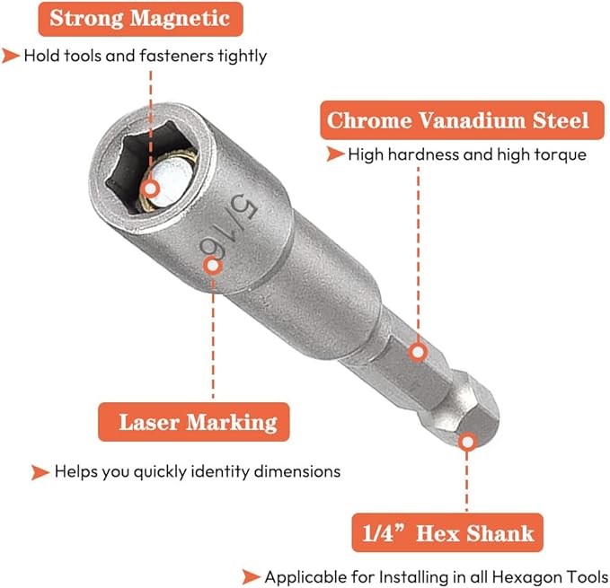 10pcs SAE 1/4??and 5/16??Magnetic Nut Driver Bit Set, 1/4 inch Driver Power Nut Setter Drill Bits for Impact Drill, Socket Adapter Hex Nut Driver Set, 65mm Length
