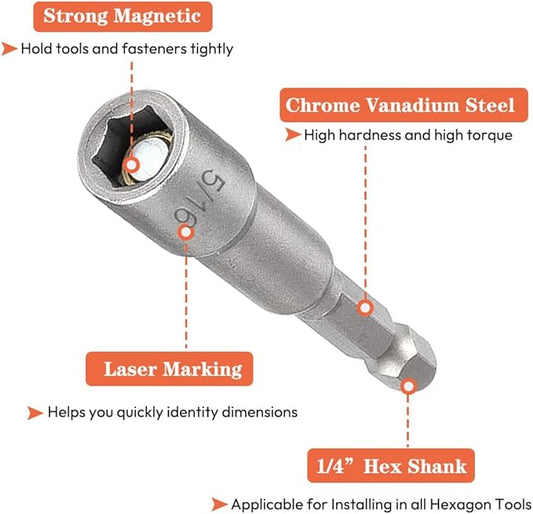 10pcs SAE 1/4??and 5/16??Magnetic Nut Driver Bit Set, 1/4 inch Driver Power Nut Setter Drill Bits for Impact Drill, Socket Adapter Hex Nut Driver Set, 65mm Length