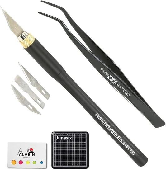 3-Piece Model Tool Set ??Tamiya Modeler?셲 Knife PRO, Tamiya Curved Tweezers & Cutting Mat