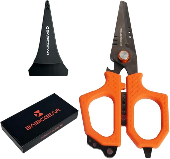 BasicGear Fishing Multi-Tool Scissors ??Titanium-Coated, Stainless Steel, Multi-Tool Cutter with Hook Adjuster, Screwdriver, Bottle Opener, Sheath & Non-Slip Grip for Saltwater or Freshwater Use