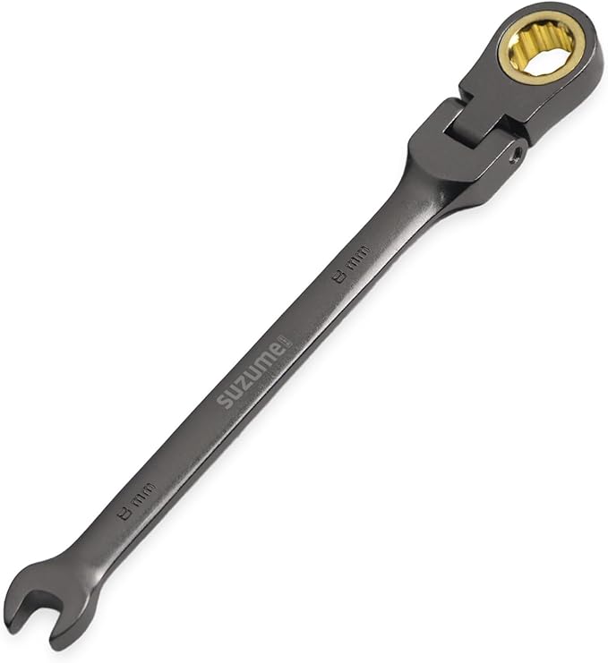 SUZUME 8mm Flex Head Ratcheting Wrench Metric 72 Teeth Cr-V Steel 15K+ Cycle Locked Gears with 180째 Flexible Head Black Nickel Coating