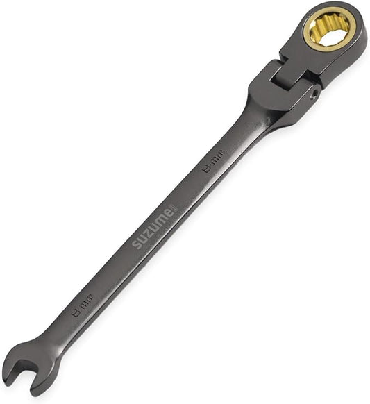 SUZUME 8mm Flex Head Ratcheting Wrench Metric 72 Teeth Cr-V Steel 15K+ Cycle Locked Gears with 180째 Flexible Head Black Nickel Coating