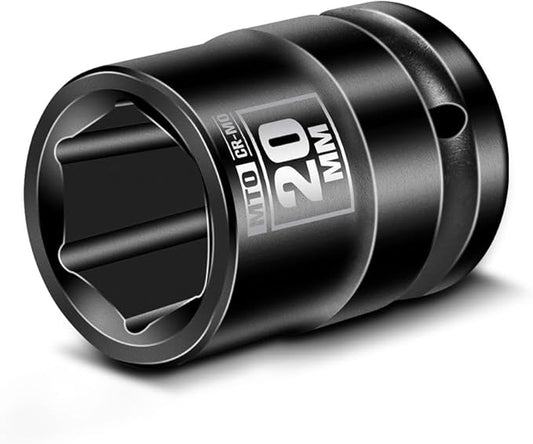 MTO 1/2" Drive 20mm Shallow Impact Socket, 6-Point Metric Socket, CR-MO Steel & Anti-Corrosion Coating for Tight Spaces and Heavy-Duty Tasks