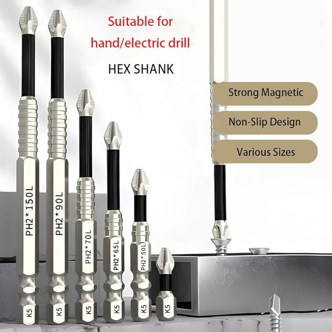 High Magnetic Screwdriver Drill Bit Set, Upgrade K5 Impact Driver Bit Set, Anti Slip Magnetic Screwdriver Bits, 25 50 65 70 90 150mm (2 Set)