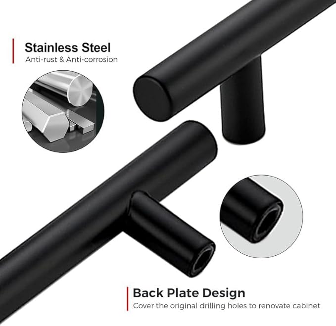 JOY DECOR 10 Pack 5 Inch Cabinet Pulls Kitchen Cabinet Handles with 3 Inch Hole Center Matte Black Cabinet Hardware Stainless Steel Kitchen Drawer Pulls for Cabinets Cupboard, 76mm Hole Centers