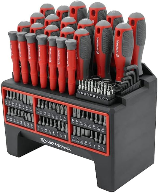 INTERTOOL 114-Piece Screwdriver Set with Mountable Rack, Magnetic Tips, Swivel-End Precision Screwdrivers, Bits, Nut Drivers, Hex Keys, DIY, Tool Gift VT08-3372