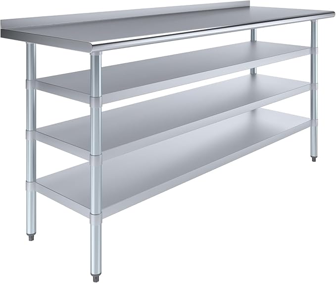 Stainless Steel Work Table with 1.5??Backsplash & 3 Shelves ??NSF Certified Metal Kitchen Food Prep Table ??(72" Long x 24" Deep)