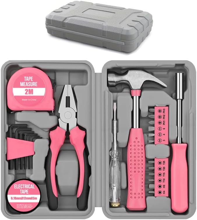 LIRFIX 24Pcs Pink Home Repair Tool Kit for Women - Compact Mini Starter Hardware Set with Hammer, Pliers, Screwdrivers - Portable Household Hand Tools, Ideal Christmas & New Year Gift for Ladies