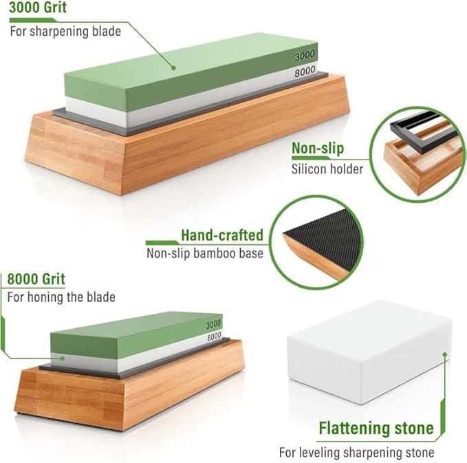 Seido Knives Double-Sided Sharpening - Non-slip Whetstone Rubber Base Bamboo Non-slip Base Flattening Stone Angle Guide Complete Sharpening Kit for Precision Edge