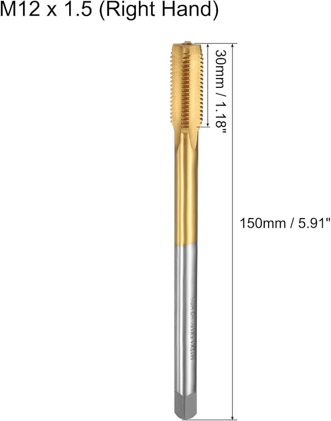 uxcell Metric Thread Tap M12 x 1.5 H2 150mm Straight Flute Screw Thread Milling Machine Taps Threading Tapping Repair Tool
