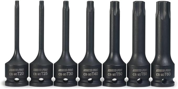 NEIKO 01132B 3/8??Drive Torx Star Driver Bit Socket Set | 7 Piece | T20 to T60 | 3??Length | Cr-Mo Impact Grade