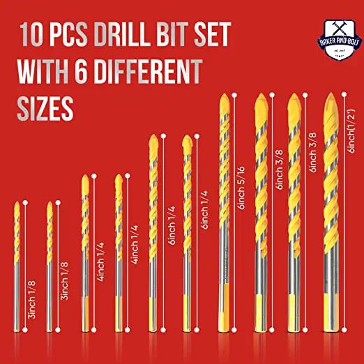 Baker and Bolt 10 Pcs 3"-6" Masonry Drill Bit Set for Ceramic Tiles High-Speed Steel Drill Bits Set Titanium Coated Pack with Storage Sleeve (1/8"-1/2")
