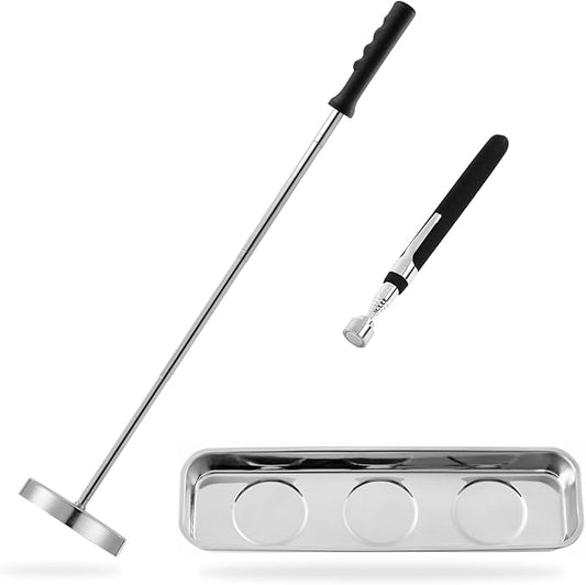 3PCS Magnetic Sweeper Telescoping Pick-up Tool, 35LB Screws Parts Finder, 3.5LB Magnet Stick, Rectangle Magnet Tray, For Pickup Nails, Metal Retrieving, Mechanic's Set