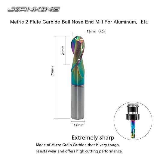 12mm R6 DLC Coated 2-Flute Carbide Ball Nose End Mill, Ideal for Aluminum, Copper Alloys, and Plastic Machining ??High Precision & Wear-Resistant Cutting Tool (1 Pack)