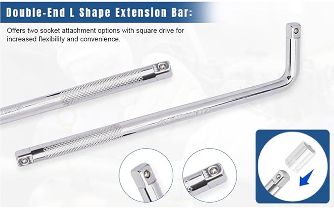 1/2 Drive Length 18 Inch Tool L Handle Socket Wrench, CR-V Heavy-Duty, Socket head lock onto ratchets and torque wrench extensions, Double-end L Shape Extension Bar.