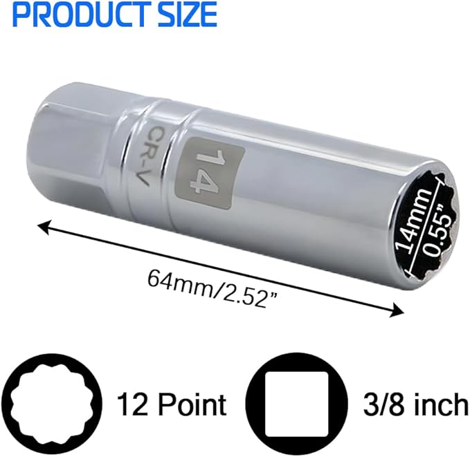14mm Thin Wall Magnetic Spark Plug Socket 3/8 Inch Drive 12-Point Spark Plug Socket Compatible with Motorcycle, Car, SUV, BMW, Nissan, Mini, Mercedes