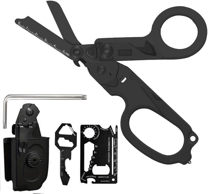 multifunctional tool set includes key tools, card tools, 6-in1 Trauma Shears, scissors with K-sheaths, suitable for outdoor exercise, garden pruning, and daily household use (carbon black)