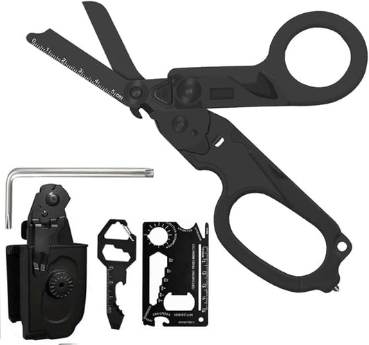 multifunctional tool set includes key tools, card tools, 6-in1 Trauma Shears, scissors with K-sheaths, suitable for outdoor exercise, garden pruning, and daily household use (carbon black)