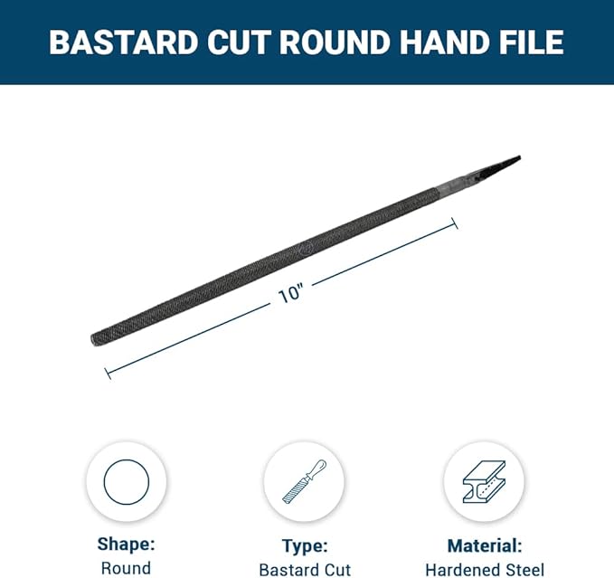 Benchmark Abrasives 10" Round Hand File Without Handle, American Pattern Metal Files, Hardened Steel Deburr Tool for Shaping Metal, Plastic, Aluminum, Stone Carving, Metalworking, Woodworking (10")