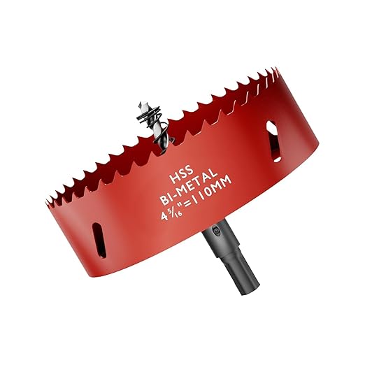 4-5/16" (110mm) Bi-Metal M42 High Speed Steel Hole Saw with Pilot Drill Bit, Smooth Cutting Edge for PVC, Drywall, Wood, Plastic, Gypsum Board, Rubber, Thin Metal