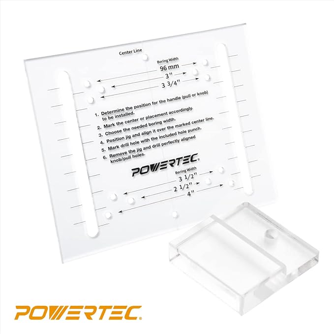 POWERTEC Cabinet Hardware Jig w/Center Punch, T Track & Stop Block, Drawer Jig for Installing Pulls, Knobs, Handle on Cabinet & Drawer, Woodworking Tools for Cabinet Handles Installation (71376)
