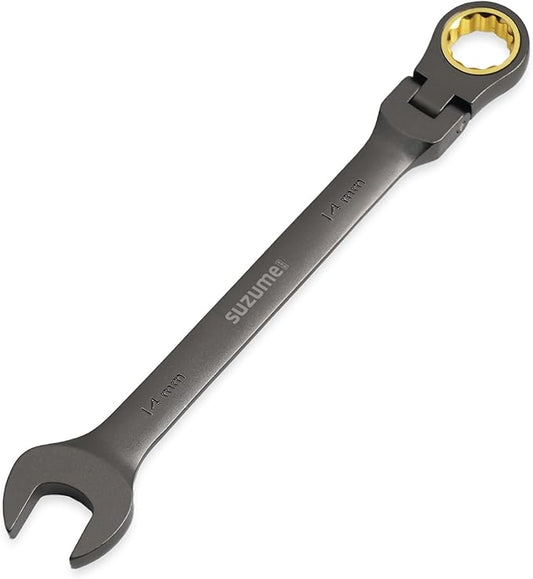 SUZUME 14mm Flex Head Ratcheting Wrench Metric 72 Teeth Cr-V Steel 15K+ Cycle Locked Gears with 180째 Flexible Head Black Nickel Coating