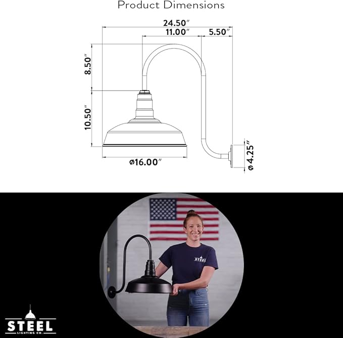 Steel Lighting Co. | Dusk to Dawn | Gardena Barn Light | Outdoor Wall Mounted | 16" Dome | Upslope Gooseneck | Farmhouse Light Made in America | Dark Bronze Exterior/White Interior