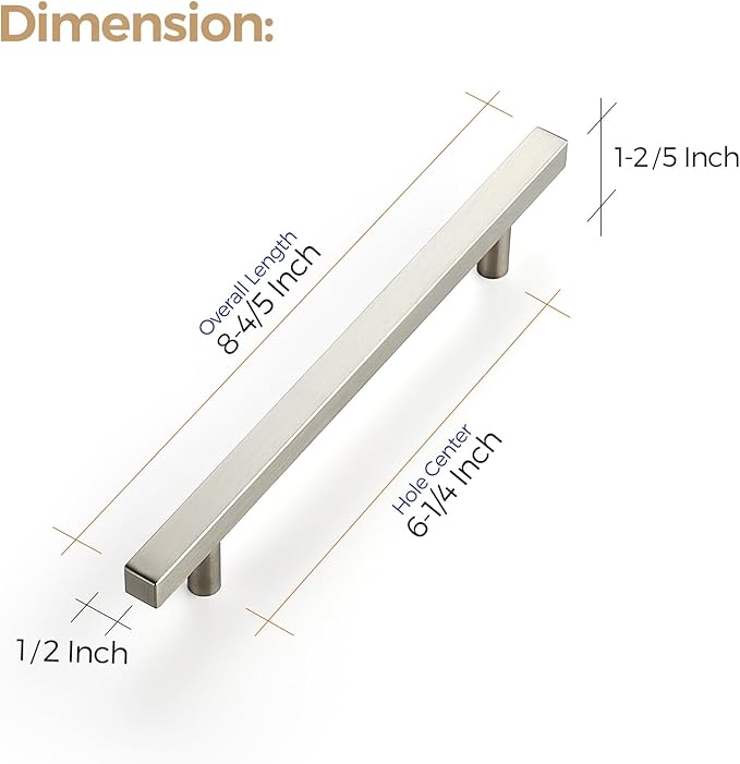 Ravinte 25 Pack 6-1/4 Inch Cabinet Pulls Brushed Nickel Sqaure Kitchen Cabinet Handles Silver Cabinet Hardware Stainless Steel Drawer Pulls 8-4/5 Inch Overall Length with Mounting Template