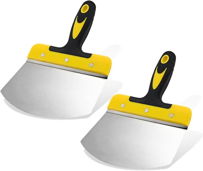 Mgoodoo 2PCS Stainless Steel Bucket Scoop,6.7 inch Curved Contoured Blade Putty Knife for Drywall & Plaster,Rustproof Scraper Tools with Soft-Grip Handle for Clean Paint,Mortar,Putty,etc(Yellow)