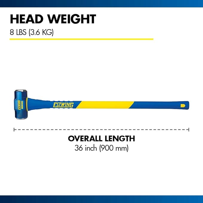 Estwing 8-Pound Hard Face Sledge Hammer for Demolition/Stake Driving, 50-55 HRC, 36-Inch Fiberglass Handle, Overstrike Protection, Textured Grip