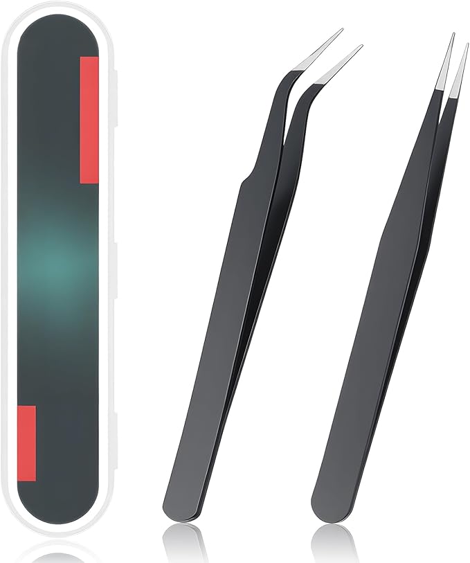 2 Pcs Sticker Tweezers Set, Stainless Steel Craft Tweezer Thin Lash Tweezers Portable Pointed Curved Tweezer for Women Men Making Jewelry Nail Crafts Industrial Electronics