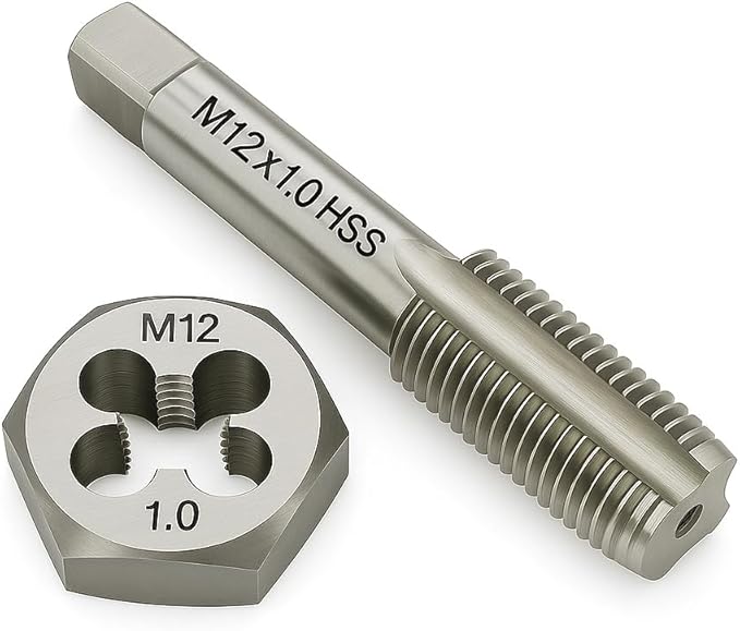 M12x1.0 Metric Tap and Die Set Right Hand HSS Tap & GCr15 Hex Die for Metal Thread Repair