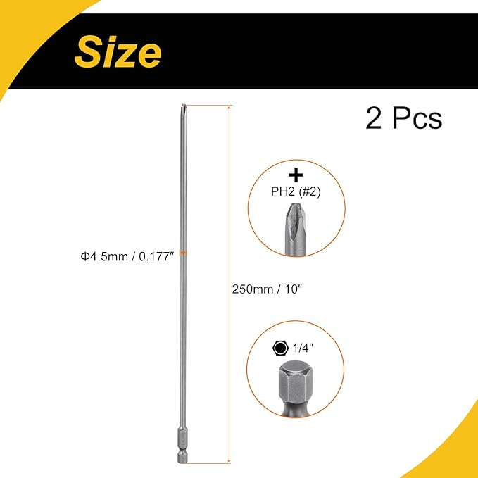2 Pcs Magnetic Phillips Screwdriver Bit PH2 1/4" Hex Shank 250mm Long 4.5mm Rod