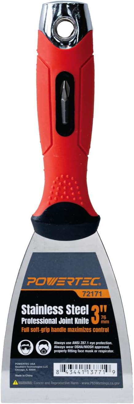 POWERTEC 3-Inch Stainless Steel Drywall Joint Knife - Flexible Blade, Soft Grip, for Patching, Taping, Scraping (72171)