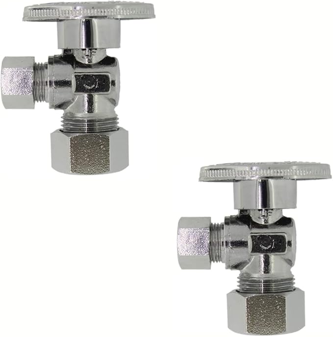 Angle Stop Valve 5/8" OD (1/2" Nominal) Compression x 3/8" OD Compression- Chrome Plated Brass 쩌 Turn Angle Valve For Water Pipes, Toilets, Sinks- Lead-FreeWater Shut Off Valve, 2 Pack