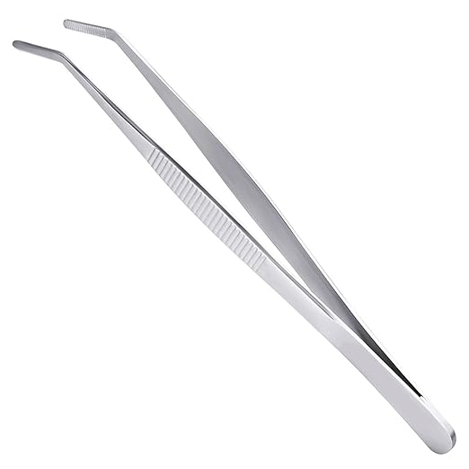 6.3Inch Long Forceps Tweezers, Serrated Bent Flat Tips Precision Curved Science Tongs Jewelers Needle Metal Sewing Sharp Small Kitchen Cooking Tweezers with Teeth Knurled Handles (1PCS-140mm)