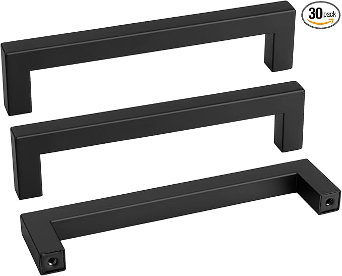 Goldenwarm Black Cabinet Handles Matte Black Drawer Pulls Stainless Steel Cabinets Hardware Square Bar Modern for Kitchen Bathroom Cupboard, 30 Pack 6-1/4 Inch