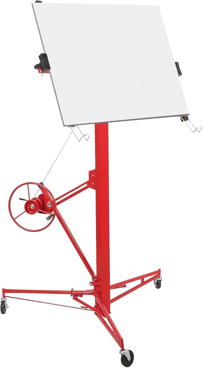 11 FT Drywall Lift Panel Rolling Hoist Jack Lifter, Sheetrock Lift Drywall Lift, Foldable Adjustable Drywall Jack Lift for Ceiling and Walls and Home Improvement, with 3 Lockable Wheels, Red