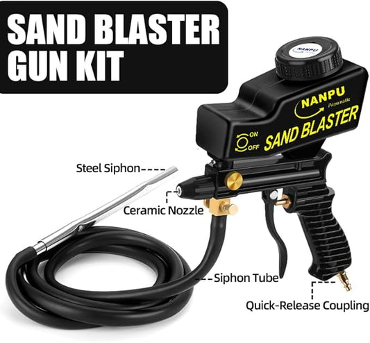 NANPU Air Sand Blaster Gun with Siphon & Gravity Feed for Air Compressor, Ceramic Nozzle, Metal Body, Paint/Rust Remover for Metal, Wood & Glass Etching, for Aluminum/Sand/Walnut Shells/Soda Blasting