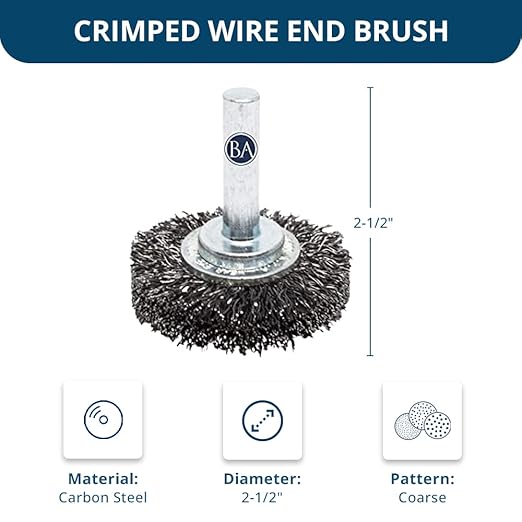 Benchmark Abrasives 2.5 Inch Grinder Mounted Crimped Wire Wheel for Drill with 1/4" Shank, Steel Brush for Rust Removal, Cleaning, Deburring on Cast Iron, Steel Rotary Tools (5 Pack) - Carbon Steel